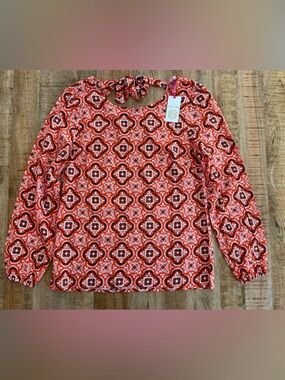 All For Color Mandie Bow Back Blouse Orange Navy Tile Print XS NWT Back 2 School